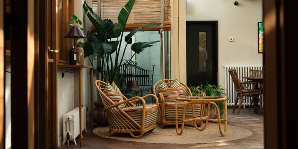 Hotellounge med kurvestole, planter og aftensol