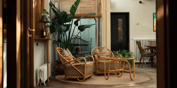 Hotellounge med kurvestole, planter og aftensol
